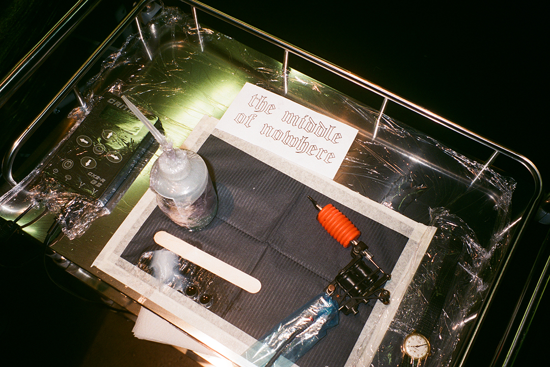 Léann Herlihy: To be nowhere tattoo station, detail, 2022 | EVA: The Gleaners Society | Thursday 31 August  – Sunday 29 October 2023 | Ormston House | Image: Léann Herlihy: To be nowhere tattoo station, detail, 2022 