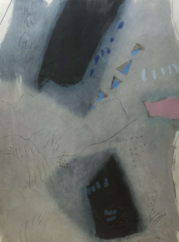 Tony O’Malley: Obair gan Ainm, 1998, carborundum with drypoint, 100 x 75cm | Symbols of Subject | Tuesday 12 September  – Thursday 16 November 2023 | Luan Gallery | Image: Tony O’Malley: Obair gan Ainm, 1998, carborundum with drypoint, 100 x 75cm | an abstract work in muted colours, though with strong black shapes, one slanting downwards to the left from the top of the image, another ‘pointing’ upwards from bottom centre (it has marks on it in grey-blue that could suggest fingers; most of the background is grey; there is a ‘finger’ of greyish pink protruding from centre right, and some smaller triangles in a series, and a ‘school’ of somewhat biological small blue shapes 