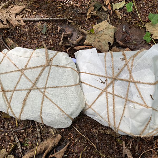 Una Walker: Dreaming of a village | Thursday 5 October  – Friday 24 November 2023 | Atypical Gallery | Image: photo or video still showing two wrapped objects on what looks like the floor of a woods or forest; the wrapping is done with white fabric or plastic equivalent + yellow-brown twine which loops around each package many times 
