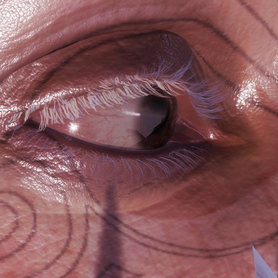 Elaine Hoey , Bone of What Absent Thing (2021 / 22), 3D procedural animation, artificial intelligence, facial performance capture. Duration: 7.10 mins | Elaine Hoey: Bone of What Absent Thing | Friday 3 November  – Friday 15 December 2023 | NCAD Gallery | Elaine Hoey , Bone of What Absent Thing (2021 / 22), 3D procedural animation, artificial intelligence, facial performance capture. Duration: 7.10 mins |  close-up photo from the side of someone’s right eye, which is looking forward; the eyelashes are white, and there is a line pattern, which may be tattooing, on the small area of face that we see; bottom right there is a sharp shape, reminiscent of the tip of a scalpel, and it is possibly that which is casting a shadow onto the face below the eye 