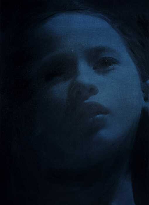 Gottfried Helnwein: Sleep 4, 2004, oil and acrylic on canvas, 152 x 112cm | A Holy Show | Thursday 26 October  – Saturday 25 November 2023 | Hillsboro Fine Art | Image: Gottfried Helnwein: Sleep 4, 2004, oil and acrylic on canvas, 152 x 112cm | photorealist painting of a young face (not sleeping), all done in pale to very dark blues 