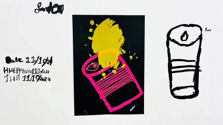 WE CAN CAN CAN artwork made by participants from Cabra for Youth | WE CAN CAN CAN | Friday 6 October 2023  – Sunday 28 January 2024 | Hugh Lane Gallery | Image: WE CAN CAN CAN artwork made by participants from Cabra For Youth | an image effectively in three parts, all against a light-grey background; on the left, we see what may be a signature in black paint at the top, then half way down a text that reads “Date 11/19/24” on the first line, a name in Cyrillic script + the same date on each of the second and third lines; in the middle there is a black vertical rectangle on which we see the outline of a tin can in bright pink, partially overlaid by a yellow painterly splotch and spatter; in the third panel we see the outline of another can in black 