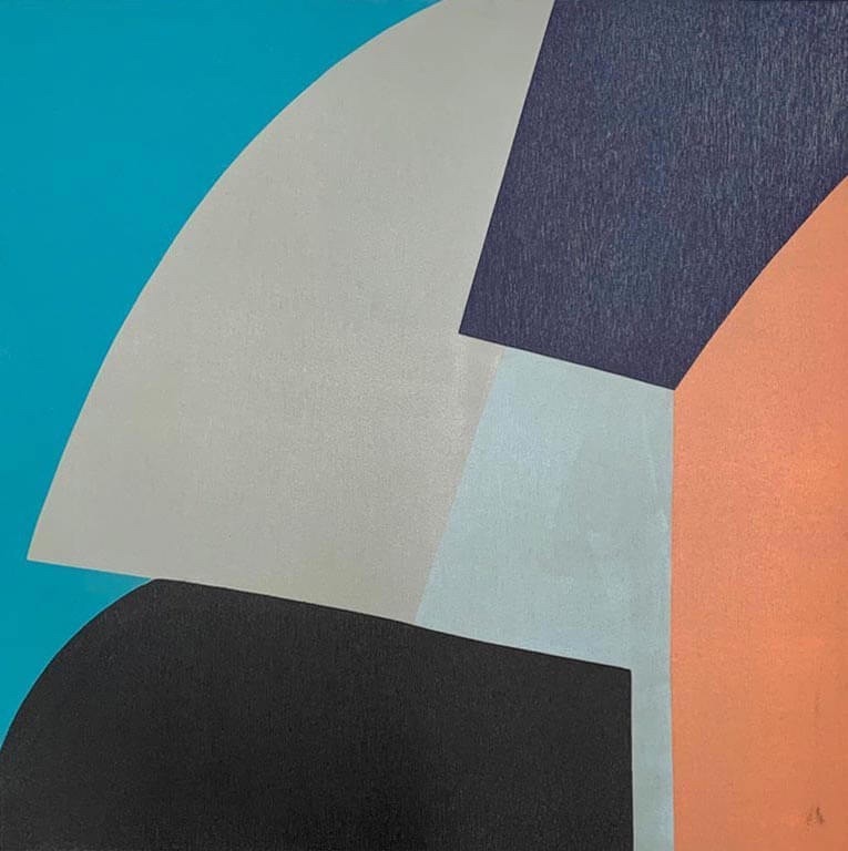 Richard Gorman: Step | Richard Gorman: And Then… | Saturday 28 October  – Saturday 25 November 2023 | SO Fine Art Editions | Image: Richard Gorman: Step |  interlocking, fairly simple geometric shapes, six in all, in strong mid-blue, slightly brownish grey, purplish black, slightly bluish grey, pinkish orange, and black – colours roughly in order rotating clockwise from top left 