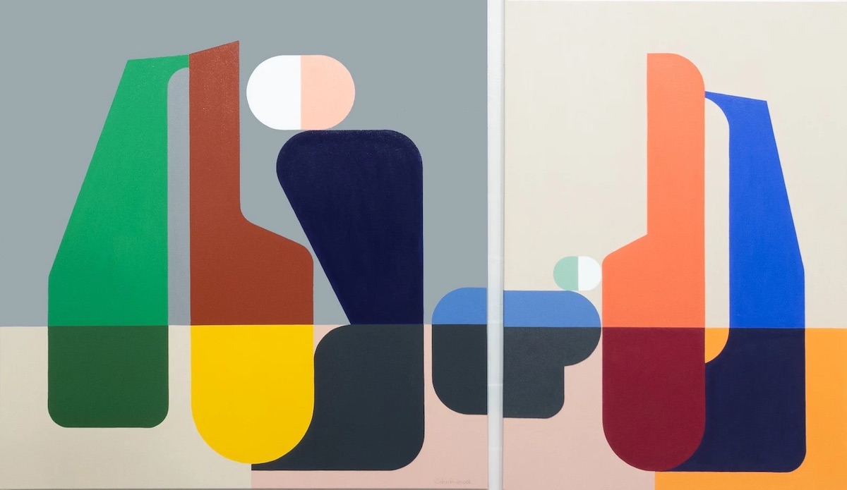 John Redmond: Sebastians 2.3, diptych, oil on Canvas, 100 x 100cm + 100 x 70cm | John Redmond: Lifelines | Thursday 12 October  – Sunday 29 October 2023 | Gormleys Fine Art, Dublin | Image: John Redmond: Sebastians 2.3, diptych, oil on Canvas, 100 x 100cm + 100 x 70cm | two canvas; both in strongly coloured abstract shapes; each shape is clearly defined; they tend towards the organic, possibly; every shape in each painting but one is bisected by a horizontal (horizon) line two-thirds of the way down each canvas; the colour of a bisected object switches fairly radically between above and below this line – e.g. from brown to yellow or from medium-orange to dark red 
