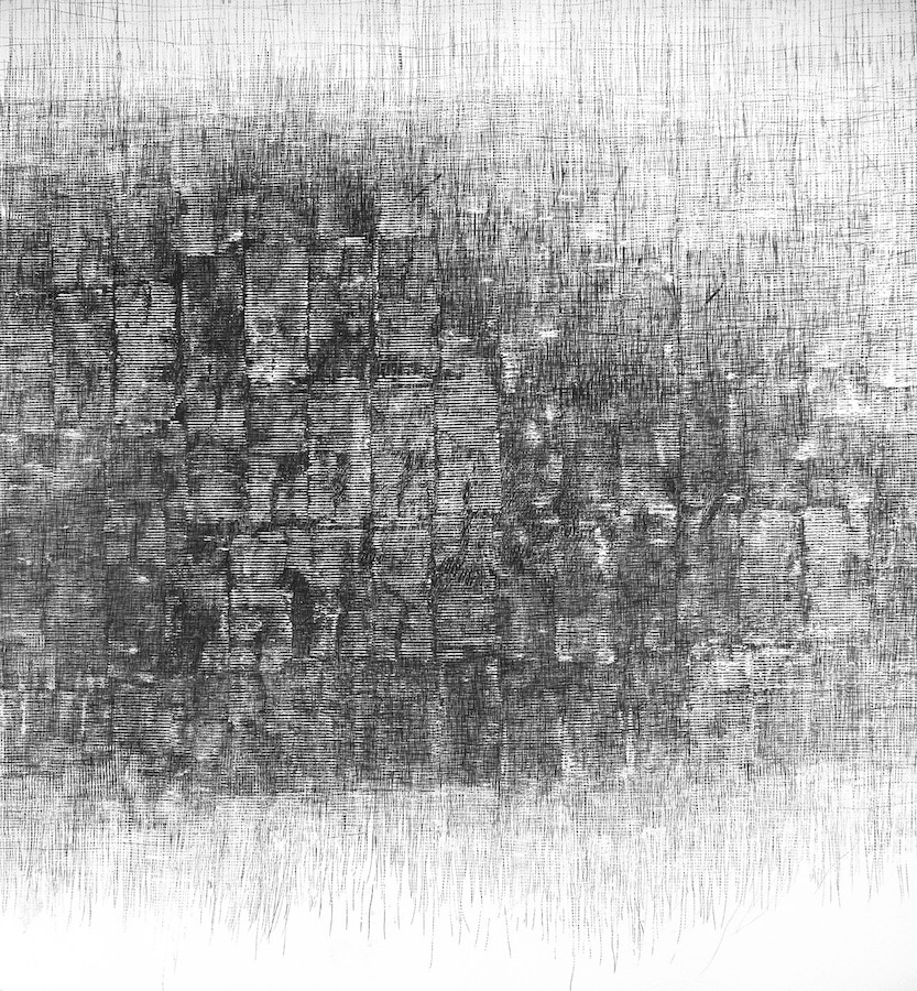 Gerda Teljeur, Cocooning, 2020, ink on paper, 155 x 150cm | Women and War | Saturday 14 October  – Sunday 5 November 2023 |  | Image: Gerda Teljeur, Cocooning, 2020, ink on paper, 155 x 150cm | the work consists entirely of lines, mostly short and mostly vertical or horizontal, with horizontal dominating within rough-edged horizontal rectangular boxes that are somewhat suggestive of fabric; crosshatching around the edges of the ensemble of boxes suggests fraying; the ink-work gets less strong and dense towards top and bottom, fading somewhat to the right, but staying relatively strong towards the left 