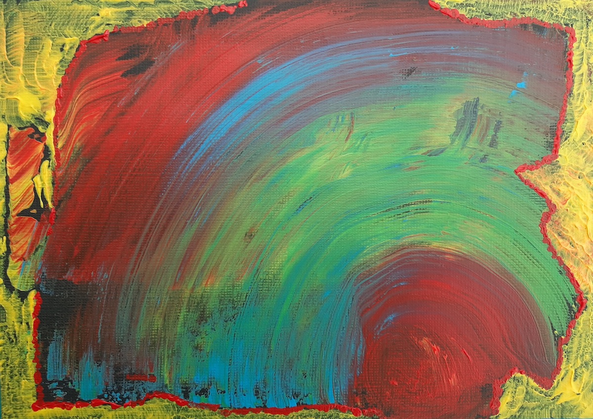 Ealaíon : Vortex through a Portal | Saturday 7 October  – Saturday 11 November 2023 | Uillinn: West Cork Arts Centre | Image: very painterly swirl of paint, colours roughly of the rainbow, taking up almost all the area of the canvas / support; the swirl is outlined jaggedly in red; most of the area outside of the swirl (which isn’t much) is yellow 