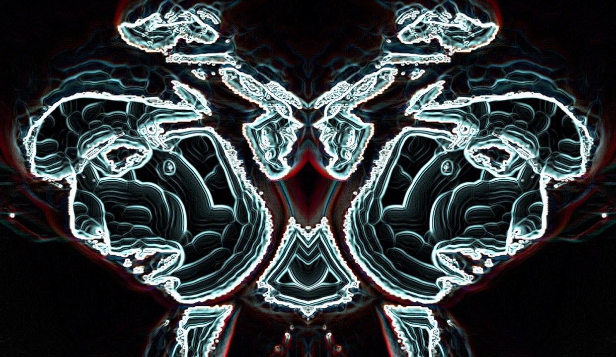 Gash Collective, Aisling Phelan: SPECTRUM | Saturday 18 November  – Sunday 19 November 2023 | Rua Red | Image: against a black background with streaks of red, we see a sort of light-drawing – bright white jittery lines, with a sort of contouring in a paler bluish-white of various thicknesses; we see outlines of what appear to be two faces, both looking downwards, one to the left, one to the right – this is a symmetrical image, with the same pattern both sides; from a distance, the overall pattern seems to resemble a pelvis 