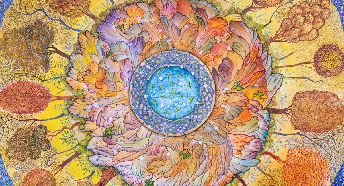 Amna Walayat. Paradise Lost, 2022 (detail). Credit: Jed Niezgoda | Amna Walayat: Fallen | Saturday 25 November 2023  – Saturday 4 May 2024 | SIRIUS | Image: Amna Walayat. Paradise Lost, 2022 (detail). Credit: Jed Niezgoda | the uncropped version of what we see is probably an image of a circles within circles, with the outer circle being an interwoven blue line; inside that many different types of tree, their trunks pointing towards the centre of the image; then a circle of what could be taken to be large, intercalated leaves; then the interwoven bluen line again, and finally what looks like a circular fishpond with blue water and green shapes in it; the whole is very colourful, with gentle colour transitions; also, some pale-pink blossoms appear to have fallen randomly on the three inner circles 