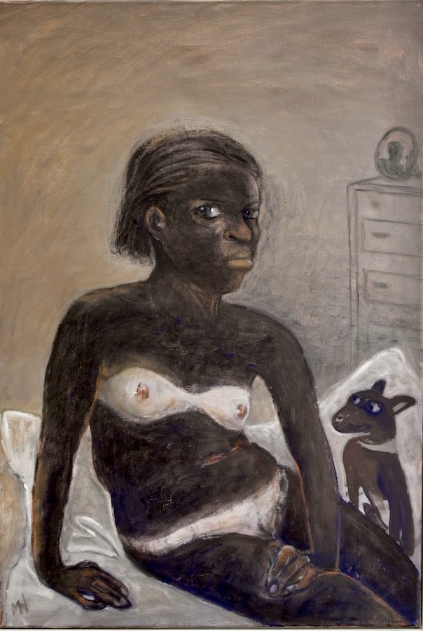 Marcelle Hanselaar, Tan Line, 2017, oil on canvas, 90 x 65 cm | Annual Winter Group Exhibition | Friday 1 December 2023  – Saturday 27 January 2024 | Hillsboro Fine Art | Image: Marcelle Hanselaar, Tan Line, 2017, oil on canvas, 90 x 65 cm | the painting shows a naked figure sitting on a bed (probably), three-quarter length, beside a dog and with a chest of drawers partially visible behind; the figure is looking unhappily in the viewer’s direction, and we can probably guess the reason for the discontent: all skin areas are dark brown, except where the body had been covered by a bikini, where the flesh is very pale