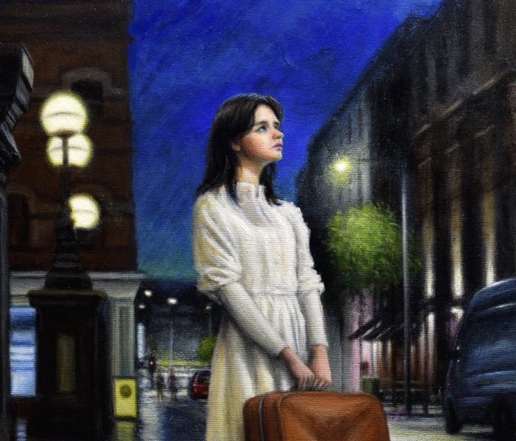 painting by Joel Simon (detail) | Joel Simon: NOCTURNES | Friday 1 December 2023  – Friday 26 January 2024 | Atypical Gallery | Image: painting by Joel Simon (detail) | this cropped image of a painting shows a figure, front and centre but looking up and a bit to their left, with black shoulder-length hair and in a white dress cinched at the waist, and holding a brown suitcase with both hands; the streetscape behind appears to be at dusk, with lights and two vehicles; the surfaces are wet, with reflections 