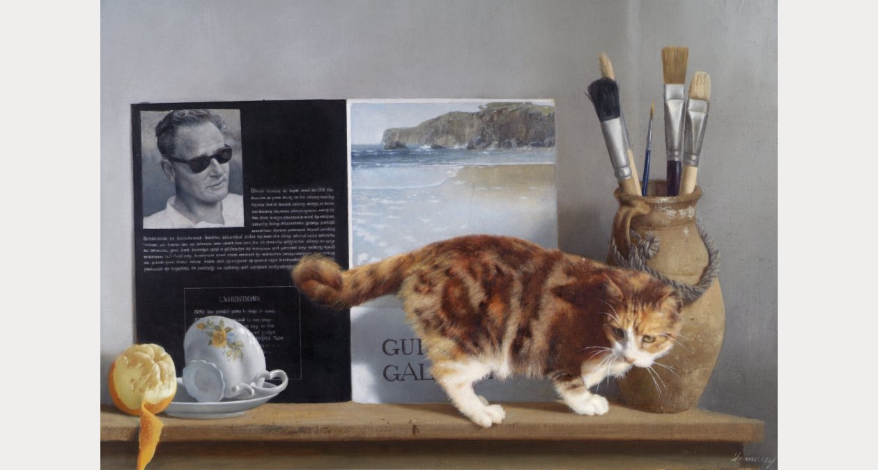 Patrick Hennessy, Self Portrait and Cat, 1978. Collection Crawford Art Gallery, Cork. © the artist’s estate | The Bend Back: RHA 200 from the Crawford Collection | Friday 17 November 2023  – Sunday 28 January 2024 | Royal Hibernian Academy | Image: Patrick Hennessy, Self Portrait and Cat, 1978. Collection Crawford Art Gallery, Cork. © the artist’s estate | the painting’s style is almost photo-realistic, but more gentle; we see a ginger cat on a mantelpiece; for some reason it has not pushed off the China cup and saucer nor the part-peeled orange that are also on the mantelpiece (yet); to the right on the mantelpiece, behind the cat’s head, is a earthenware vase holding five paintbrushes; behind the cat, cup and orange is a flyer or mini-catalogue for, presumably, one of the artist’s shows; it has a photo of the artist 