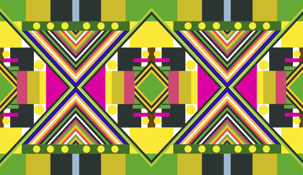 Morag Myerscough: A Good Night’s Sleep | Friday 1 December 2023  – Sunday 3 March 2024 | Rua Red | Image: geometric patterns in bright colours; the design is reminiscent of work by native Americans, but the colour scheme seems more African 