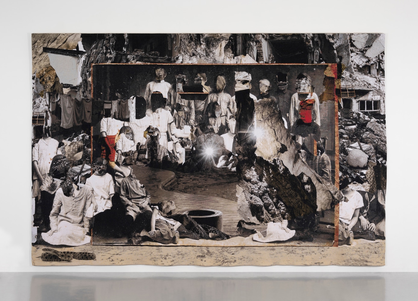 Ailbhe Ní Bhriain: Interval V, 2023, cotton, wool, silk, Lurex, edition of 3 + 2AP, 294.5 x 454cm | Ailbhe Ní Bhriain: Interval Two (Dream Pool) | Friday 17 November 2023  – Saturday 6 January 2024 | Kerlin Gallery | Image: Ailbhe Ní Bhriain: Interval V, 2023, cotton, wool, silk, Lurex, edition of 3 + 2AP, 294.5 x 454cm | this is a very large work that pretty much defies description; imagine photos of evictions during the Famine, but with the faces removed, then a collage made containing maybe two dozen of these victims among what may be ruins of their houses; but there is also a huge collage within this collage, being propped up by two of the faceless people as though they are showing it to us; and there is a sort of silver artificial river running through this second collage, and what seem to be strange underground rock formations; there are also two flashes of light in the second collage – as though of sunlight coming through between rocks (or through a rock), or photo flashes bouncing off the collage; the colour scheme is very drab, but for some ruddy reds; what looks like two or three huge spotted tadpoles or maybe baby fish are swimming bottom left 