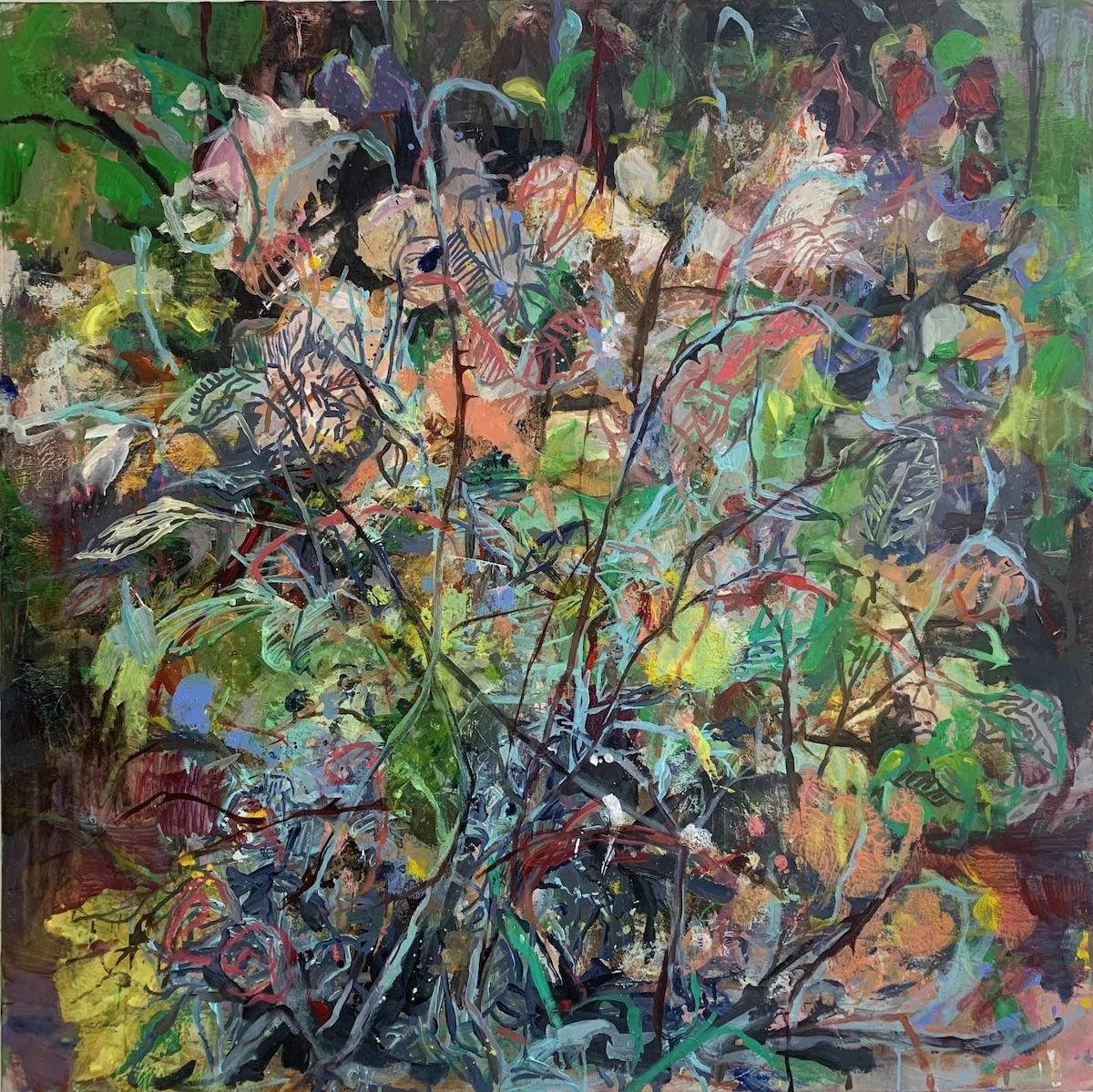 Melissa O’Donnell: Briar Dance, oil on canvas, 100 x 100cm | Winter Group Exhibition | Thursday 23 November  – Saturday 23 December 2023 | Solomon Fine Art | Image: Melissa O’Donnell: Briar Dance, oil on canvas, 100 x 100cm | a real tangle of hedgrerow plants in bright colours; patches of colour compete with more line-like versions of leaves and flowers; we also see menacing outgrowths of bramble  