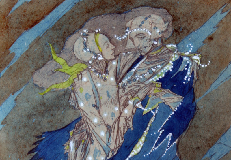 Harry Clarke: Long Ago, These Lovers Fled Away into the Storm (detail), c.1923. Collection Crawford Art Gallery, Cork | Harry Clarke: Bad Romance | Saturday 2 December 2023  – Sunday 25 February 2024 | Crawford Art Gallery | Image: Harry Clarke: Long Ago, These Lovers Fled Away into the Storm (detail), c.1923. Collection Crawford Art Gallery, Cork | watercolour + pencil work (?), with white dots in what may be gouache; the detail we see is of a couple, viewed from the side though with both turning slightly towards us; their nearer arms are bent at the elbows and their hands are touching; we seem also to see a hand on the shoulder of the figure to the right; left left figure seems to be wearing a bonnet; the background is brown and textured, with diagonal, jagged blue shapes 