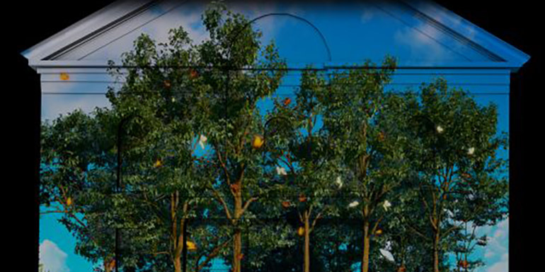 Brian Kenny: Tempus Futurum | Thursday 14 December 2023  – Tuesday 30 April 2024 | Triskel Arts Centre | Image: photo of a projection (or simulation of a projection) onto the gable end of the South Main Street façade of Triskel; against a summery blue sky with a few bits of cloud are projected six (?) very healthy looking trees; there are spots of glowing orange-yellow and small-ish white shapes on the image as well, purpose unclear 