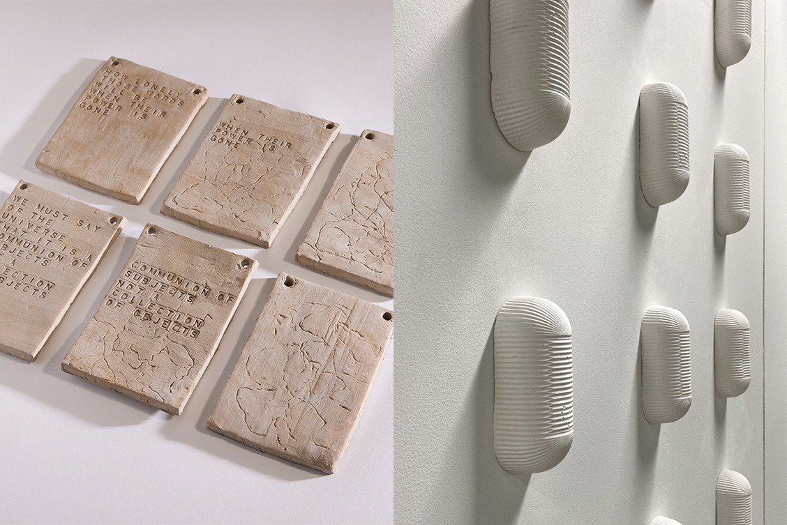 Works by Aideen Broccardo and Irena Smyth | Aideen Broccardo & Irena Smyth | Saturday 20 January  – Saturday 16 March 2024 | Solstice Arts Centre | Image: works by Aideen Broccardo and Irena Smyth | the overall image is two photos; the one on the left shows works by Aideen Broccardo; these look like ancient clay tablets; phrases are debossed into them in all caps, such as ‘WHEN THEIR POWER IS GONE’; the photo on the right appear to be multiple identical castings from industrial light fixtures, the ones that look like woodlice or a head-down Dougal from The Magic Roundabout