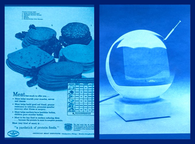 Breda Lynch: Meat TV, cyanotype/digital print, 2023 | Breda Lynch: If You’re Not Scared, The Atomic Bomb is Not Interesting | Saturday 2 March  – Saturday 20 April 2024 | The Source Arts Centre | Image: Breda Lynch: Meat TV, cyanotype/digital print, 2023 | photographic material, two heavily cyan-tinted images side by side, separated by a black strip and there are also black strips at either side of the total image; on the left we see stacks of processed meat – probably things like salami and pepperoni – but there are also specks that look like flies; there is text under the meat, probably saying how good it is; in the right image we see a futuristic TV set from around 1970; it looks like an astronaut’s helmet, and we see an antenna sticking out on the right at the back 
