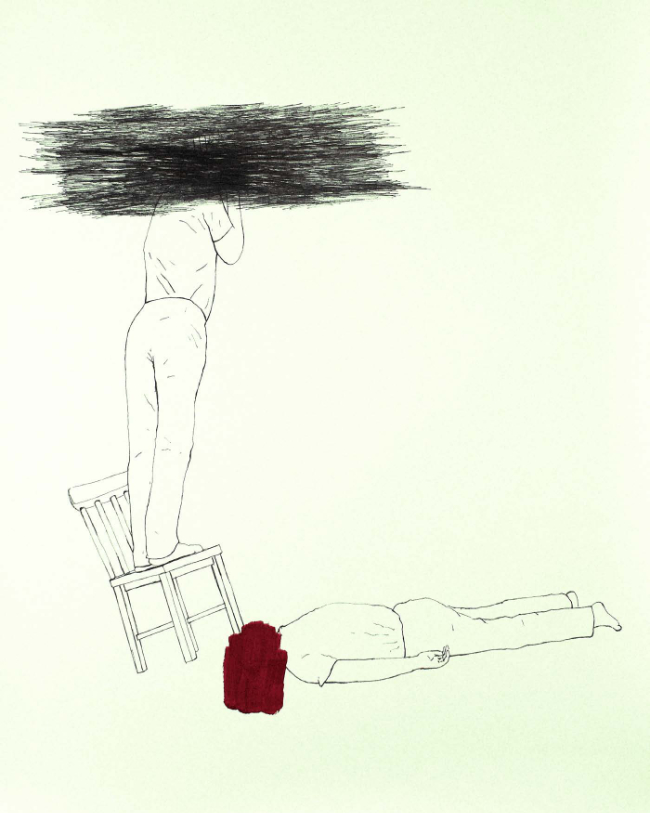 Dominic Thorpe: Untitled, 2023 © the artist | Dominic Thorpe: Dark Dark Mouth | Monday 15 January  – Sunday 28 January 2024 | Crawford Art Gallery | Image: Dominic Thorpe: Untitled, 2023 © the artist | there are two figures in the outline-style drawing; one is on the floor / ground, face-down, stretched out, arms by the side; this figure’s head is hidden by a patch of dark-red paint; the second figure is standing on a kitchen chair which is tilting backwards such that only the back legs touch the ground; the figure’s arms appear to be reaching up towards the figure’s head, but we don’t know, as from should upwards is obscured by myriad horizontal (or almost horizontal) black lines 