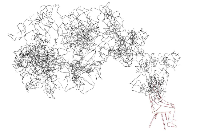 Dominic Thorpe: Untitled, 2023 © the artist | Symposium: Perpetrator Trauma and the Irish Civil War | Saturday 27 January 2024 | Crawford Art Gallery | Image: Dominic Thorpe: Untitled, 2023 © the artist | drawing; purple outline of someone sitting on a chair, positioned towards the bottom right with the person looking out of the frame – though we can’t actually make out the head very well, as a ‘cloud’ of black shapes, all apparently interconnected and overlapping, rises from the sitter’s upper body and swirls leftwards and upwards 