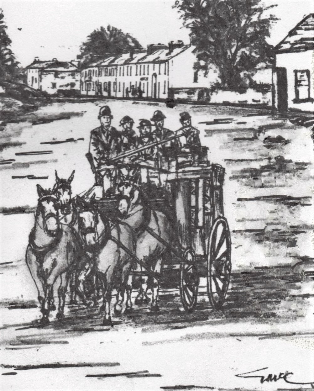 Gerry McCabe | The Ashbourne Story | Tuesday 15 August 2023  – Saturday 6 April 2024 | Toradh Gallery | Image: artwork by Gerry McCabe | the piece is a charcoal drawing or an etching; we see four horses heading towards and to the left of the viewer; the horses are drawing a carriage and we see the driver plus four men sitting at roof level of the carriage; behind is a road and townscape with trees, presumably Ashbourne 