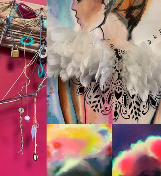 I Am? | Thursday 1 February  – Sunday 24 March 2024 | Atypical Gallery | Image: montage of various artworks – on the left, a cropped view of complex work involving threads, small disks of different colours, a small lock, coloured stones, nails, wood…; at the bottom, two small watercolour (?) paintings, or details from them – warm, blurry shapes in rich colours; top and right: partial head and torso drawing, from the back – the back is tattooed and has white feathers growing from it suggesting wings; the head is turned to look towards our left 