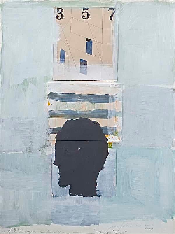 Mimmo Paladino, Terno Treno, mixed media, 2008, 76 x 57 cm | Paper Works | Thursday 1 February  – Saturday 9 March 2024 | Hillsboro Fine Art | Image: Mimmo Paladino, Terno Treno, mixed media, 2008, 76 x 57 cm | the support – possibly paper – is painted pale greyish blue, though in fact there are layers of underpainting that complicate the coloration; top middle there is a piece of paper glued on, with some of the background colour overlapping onto it; the piece of paper itself has the numbers 3, 5 and 7 drawn or printed in black at the top, with straight lines and blue-black-coloured trapezoid shapes over the rest of the paper; below this piece of aper are another two, though mostly functioning as one piece, with three horizontal stripes painted in darkish bluish yellowey grey towards the top, with the lowermost stripe partly occluded by a head in profile, painted in black silhouette, which occupies most of the rest of the joint pieces of paper 