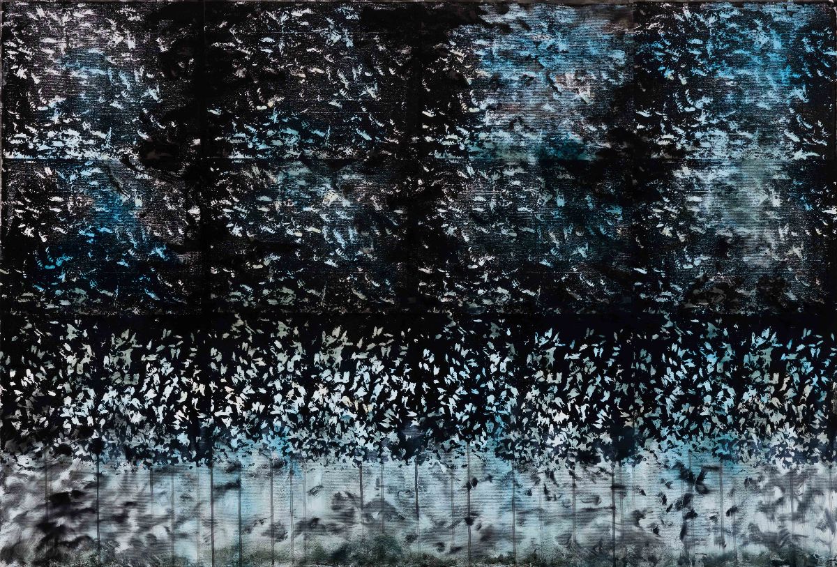 Large Colony Collapses, screenprint, acrylic ink and oil on canvas, 100 x 150 cm | Beatrice O’Connell: Overwintering on the Moon | Thursday 1 February  – Saturday 17 February 2024 | Taylor Galleries | Image: Large Colony Collapses, screenprint, acrylic ink and oil on canvas, 100 x 150 cm | what appears to be a black-and-white photograph of a swarm of bees at a hive, viewed from above, is screenprinted four times onto the canvas left to right as a top row, then another black-and-white photo of bees is printed four times below, exceept this time the bottom 40% of each image appears to have a translucent layer of white paint over it, with drips of black ink running down; there are also patches of translucent cyan, top and bottom 