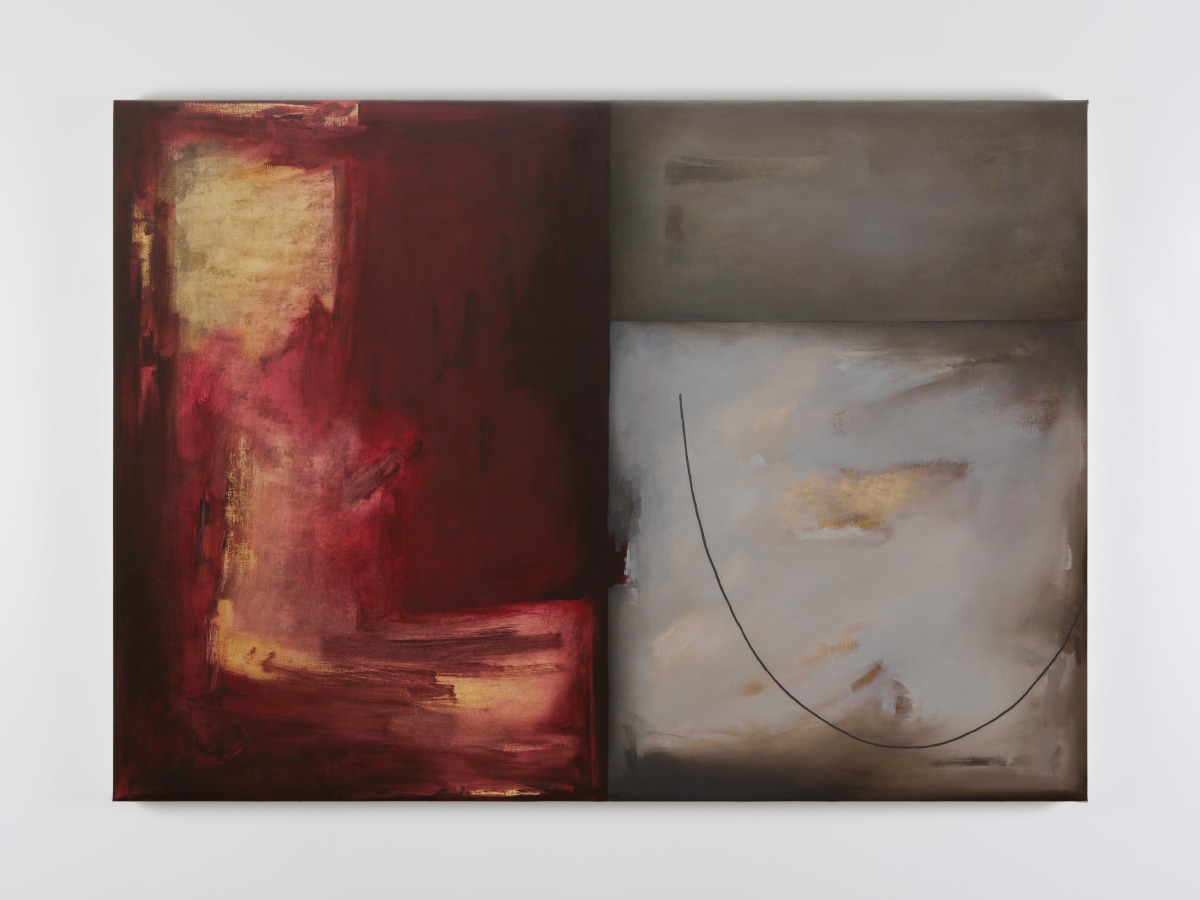 Guggi: Them, 2023, acrylic and graphite on brown paper, 131 x 176 cm framed | Guggi: Them | Friday 19 January  – Saturday 24 February 2024 | Kerlin Gallery | Image: Guggi: Rosemary, 2023, oil on canvas, 108 x 150cm | the canvas is bisected vertically with a largely burgundy-coloured rectangle to the left, and a greyish area to the right, itself split into a grey rectangle at the top and taking up about a third of the height and a white-grey square below which also bears a looping black line – it curves down from about a quarter up from the bottom of the canvas on the right edge, and curves up then towards the top left of the square; apart from this line, which is very clean, the paintwork is rough and vigorous 