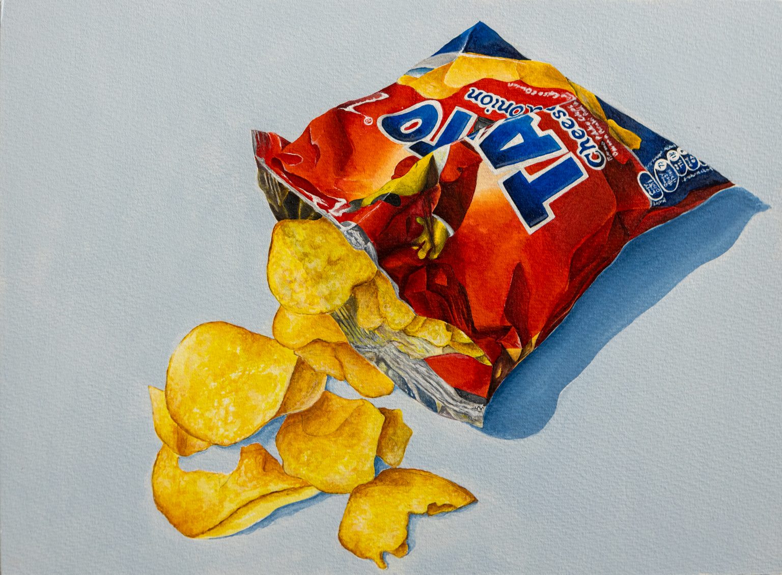 Overall Winner, Jane Prendergast: Brioscáin Phrátaí | Annual Wexford Lions Club Exhibition 2024 | Saturday 13 January  – Friday 9 February 2024 | Wexford Arts Centre | Image:  Overall Winner, Jane Prendergast: Brioscáin Phrátaí | it’s hard to be certain, but this looks like watercolour on paper; photo-realistically rendered image of a bag of cheese & onion Tayto crisps; the bag is a bit crumpled, and crisps are spilling out of it 