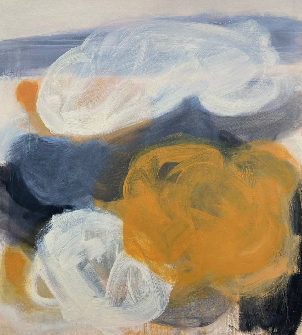 Leah Beggs: Harmony in Chaos, 2024, oil on canvas, 100 x 110cm | Leah Begs: Everything Smells Different When it Rains | Thursday 8 February  – Saturday 2 March 2024 | Solomon Fine Art | Image:  Leah Beggs: Harmony in Chaos, 2024, oil on canvas, 100 x 110cm | square-ish canvas, with ‘clouds’ of translucent paint swirling one above another; colours: orange, white, grey, black 