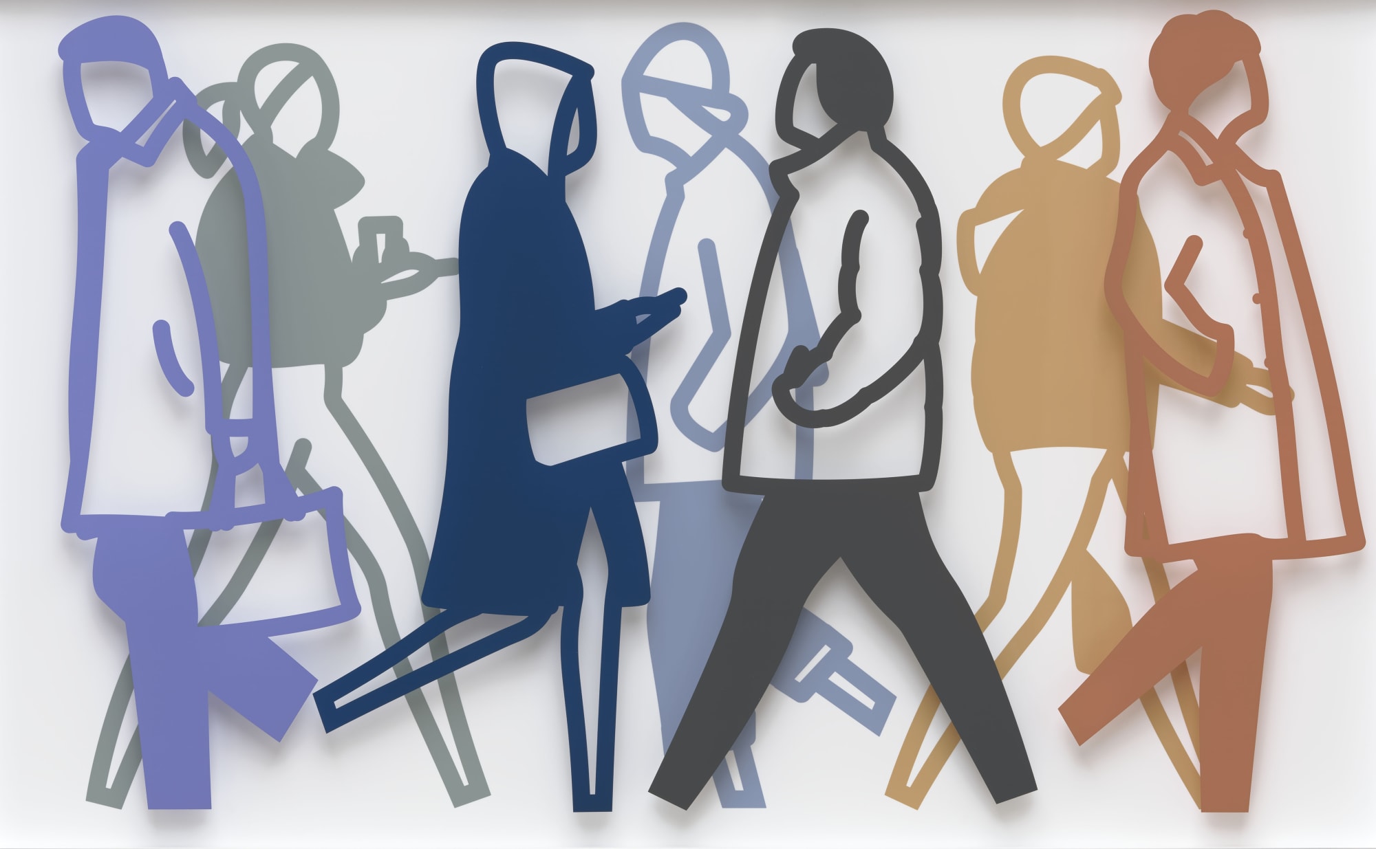 Julian Opie: Sidewalk 1, 2022, screenprint on two sheets of acrylic, in a brushed aluminium frame specified by the artist; edition of 40, 40 1/4 x 64 1/4 x 3 in, 102.1 x 163.1 x 7.5 cm | Julian Opie | Saturday 13 January  – Saturday 10 February 2024 | Gormleys Fine Art, Dublin | Julian Opie: Sidewalk 1, 2022, screenprint on two sheets of acrylic, in a brushed aluminium frame specified by the artist; edition of 40, 40 1/4 x 64 1/4 x 3 in, 102.1 x 163.1 x 7.5 cm | what are more or less silhouettes of people walking past each other, towards left and right; each person is in their own colour – slightly purplish blue, grey, dark blue, and so on; each ‘silhouette’ has transparent parts – faces, headgear, coats, legs – it varies – so that we see the people behind through these gaps as well as where there is no overlap.