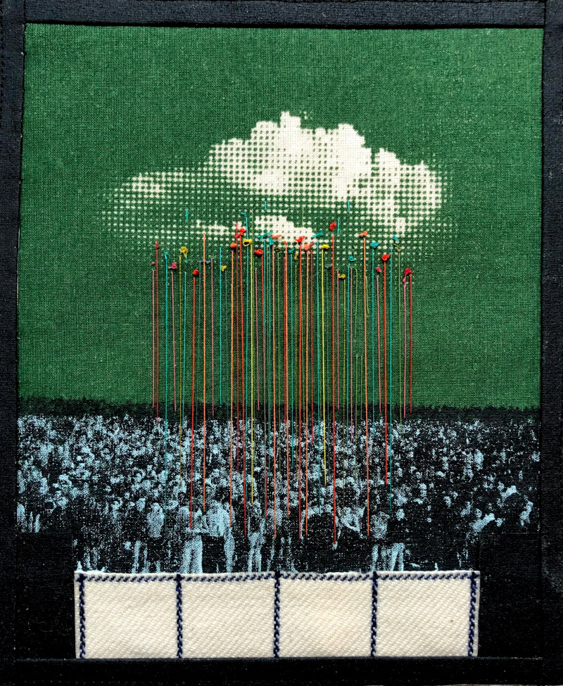 Jo Howard: Control Centre | Jo Howard: Cloud Control | Saturday 24 February  – Saturday 18 May 2024 | Garter Lane Arts Centre | Image: Control Centre | an artwork using fabric – even the black frame is made of fabric; the top two-thirds of the image shows a white, gridded cloud against a green sky; there are irregularly shaped spots of colour on the underside of the cloud, and threads stretch down from them to a black-and-white photographic (on textile) image of a crowd of people below; bottom front are what look somewhat like four pockets in a row, each square, with dark stitching around predominantly white cloth 