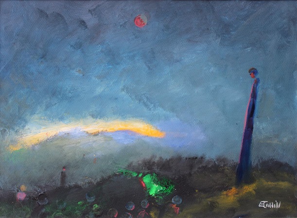 Eddie Cahill, Transportation, oil on canvas | Eddie Cahill: Searching in the Dark | Friday 16 February  – Sunday 7 April 2024 | Limerick City Gallery | Image: Eddie Cahill, Transportation, oil on canvas | sensitive depiction of a fantasy landscape in rich colours; there is a figure in the distance, towards the bottom left, indicated simply by a few marks; a second figure is nearer us and close to the left side of the painting; it is indicated by a very long body topped by a head – which seems to float above the body – that is apparently looking down a hill towards the first figure; there is what may be a sunset or sunrise behind a hill in the distance, and there is a reddish planet or moon top centre  