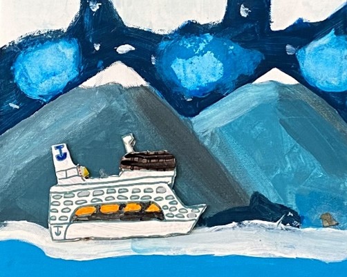 Edgelands | Tuesday 6 February  – Tuesday 12 March 2024 | Uillinn: West Cork Arts Centre | this is a painting, possibly in poster colours, of an arctic or antarctic scene; we see a scene with two snow-capped mountains with dark sky behind and clouds; closer to us, on a white-and-bright-blue sea, we see a dolphin or killer whale breaching the surface, followed by a large white cruise ship, which is probably mostly drawn in ink, and appears to have been cut out and pasted onto the painting 