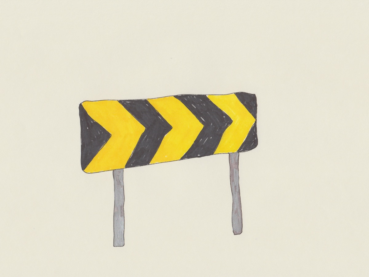 Laura Fitzgerald, Hard Right Ahead, 2024. Pen and sharpie on archival paper. Courtesy of the artist. | Laura Fitzgerald: Strange Weather | Thursday 15 February  – Saturday 20 April 2024 | Ormston House | Laura Fitzgerald, Hard Right Ahead, 2024. Pen and sharpie on archival paper. Courtesy of the artist. | “(I suspect that we all wish that the title of this work wasn’t half so clever; we have been warned. The sole object in the drawing is a road sign, warning of a sharp bend ahead; the sign, which tilts slightly upwards and narrows to create a slight perspective effect, is of a horizontal row of alternating black and yellow chevrons pointing rightwards; it is on two posts, the second, farther one slightly raised above the height of the first. There is no background or other information.” 