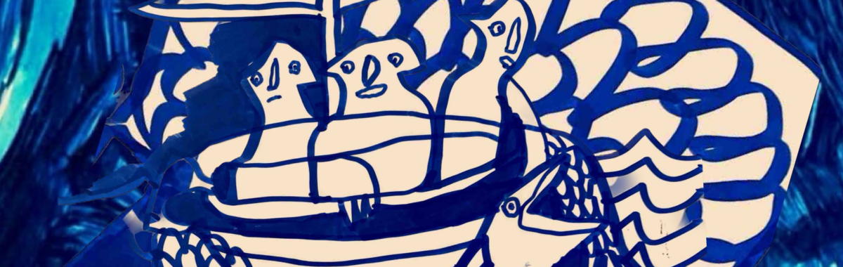 Isadora Epstein: Voyage!, ink on paper, 2023. Courtesy the artist. | Isadora Epstein: Voyage! | Saturday 9 March  – Saturday 27 April 2024 | Mermaid Arts Centre | Image: Isadora Epstein: Voyage!, ink on paper, 2023. Courtesy the artist. | the image is presumably cropped (it’s unusually wide); it’s a loose, cartoonish rendition of what seems to be three characters in a sailboat in rough-ish sea, with the head of a large fish sticking up out of the water; the colour scheme is white + blue, but a bit of turquoise 