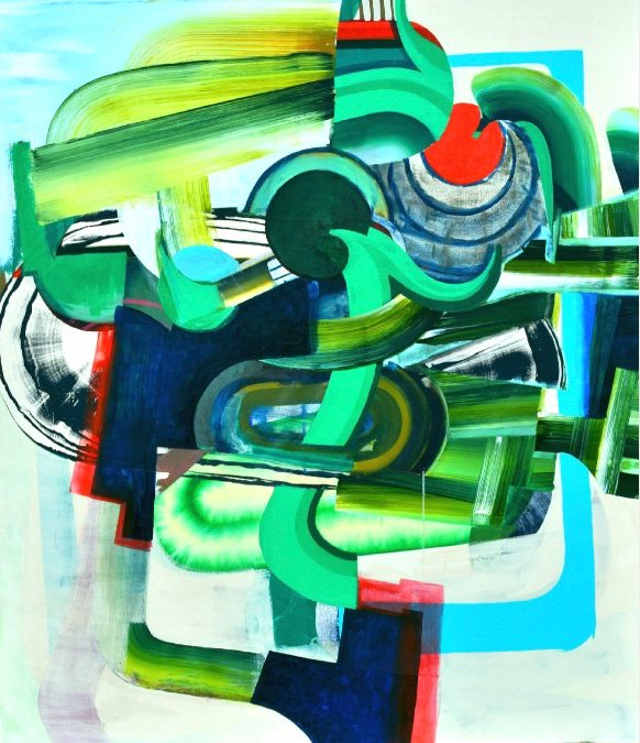 Tinka Bechert, Spring-Release, 2023, acrylic on raw canvas, 150cm x 130cm, courtesy of the artist | Tinka Bechert: Paintings & Objects | Friday 16 February  – Sunday 31 March 2024 | Royal Hibernian Academy | Image: Tinka Bechert, Spring-Release, 2023, Acrylic on raw canvas, 150cm x 130cm, courtesy of the artist |  abstract work of swirling, intersecting, intertwining shapes; hint of sky top left; dominating colour is green, though there are reds, blues, yellows, black also