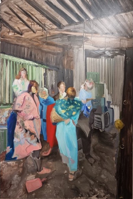 Zsolt Basti, Loved ones in the shed, 2023, Oil on canvas, 150 x 100cm, courtesy of the artist. | Zsolt Basti: Half Shy | Friday 16 February  – Sunday 31 March 2024 | Royal Hibernian Academy | Images: Zsolt Basti, Loved ones in the shed, 2023, Oil on canvas, 150 x 100cm, courtesy of the artist | possibly six people gathered in – possibly – a shed; painted fairly realistically, though there are shapes and marks that appear to tell contrary stories, and the faces are essentially featureless 
