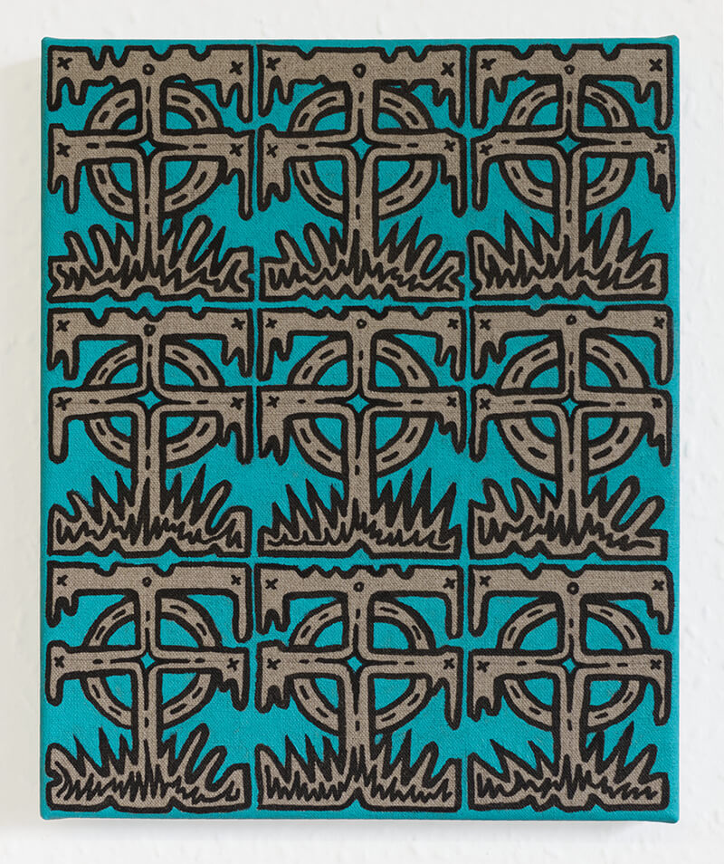 Niall Cullen: xxiv - 004 - 3x 3y | Niall KJ Cullen: Crosses, Salt Lamps and Fires for a God That Might Exist | Thursday 8 February  – Tuesday 5 March 2024 | SO Fine Art Editions | Image: Niall Cullen: xxiv - 004 - 3x 3y | the background of the print is a strong turquoise; covering it is a pattern of the same image nine times in a 3x3 configuration; the image is somewhat like a melding of a Celtic cross with a large letter T, above long stalks of grass; the style is somewhat cartoonish, with bold outlines; the ‘cross’ is a uniform grey 