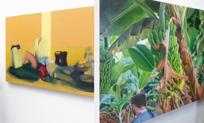 Image left: Stephanie Deady artwork (detail); right: Fiach Mc Guinne artwork (detail) | Hennessy Craig Award and Homan Potterton Prize Exhibition | Friday 16 February  – Sunday 31 March 2024 | Royal Hibernian Academy | Image left: Stephanie Deady artwork (detail); right: Fiach Mc Guinne artwork (detail) | partial view of two paintings; on the left the Stephanie Deady artwork appears to be a still life against aflat orange background with a yellow vertical stripe; the objects in the still life appear to have been done in broad, painterly strokes; the intention, it seems, was not to make them easily identifiable; the Fiach Mc Guinne artwork appears to be a painting of a jungle environment; towards the bottom left we see a person’s head and top of shoulders from behind – probably a self-portrait of sorts  