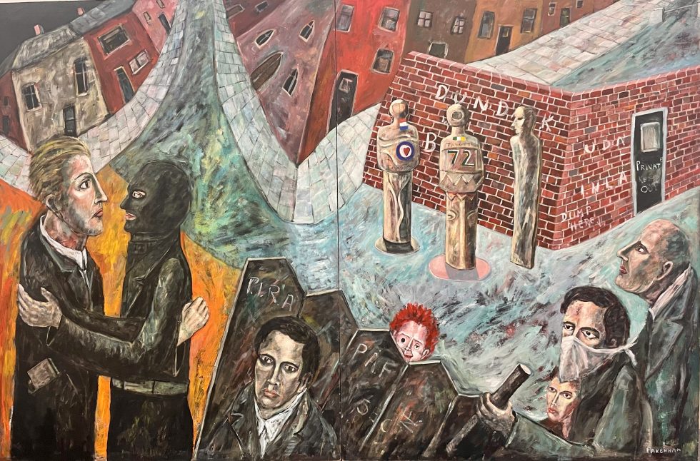 Jack Pakenham | How We Got To… | from Thursday 21 March  |  | Image: Jack Pakenham | a difficult painting to describe, given how much is going on in it; typical Pakenham style which flattens out 3D; city streets in the background; various figures in the foreground, one wearing a balaclava, another hiding just the lower face; initials of terrorist and related organisations appear on various surfaces 