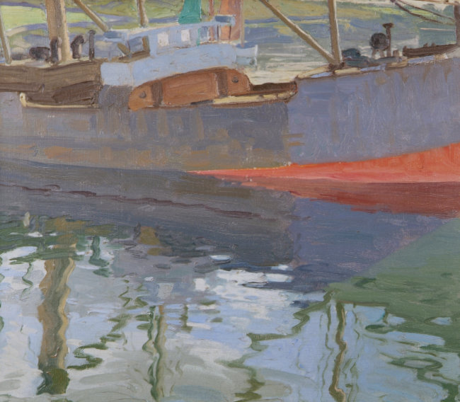 William John Leech (1881 - 1968), Reflections, c.1930, oil on canvas, 47 x 55 cm; Bequeathed, Dr. R. I. Best, 1959 | Light and Shade | Saturday 9 March  – Sunday 14 April 2024 | Crawford Art Gallery | Image: William John Leech (1881 - 1968), Reflections, c.1930, oil on canvas, 47 x 55 cm; Bequeathed, Dr. R. I. Best, 1959 | viewed from the ship’s starboard, we see most of its hull and deck; it may be a comparatively large fishing vessel; there’s a wide briged, painted white, and there are suggestions of masts – we only see the bottom few metres of them; the hull is grey and yellowish-grey, though red below what may be the Plimsoll line; reflections in the water suggest that there is a chimney aft of the bridge; there is pleasant sunlight; the mark-making is quite soft 