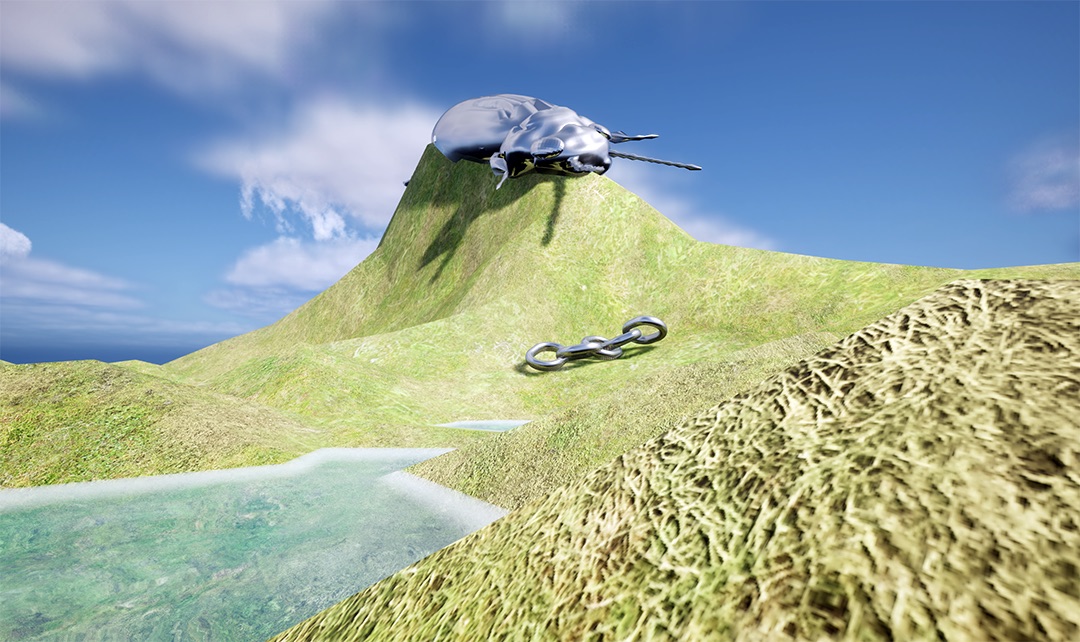 Mollie Mia Murphy:  Video still, 19th Century Commodification of Our Land Part 1, 2024, CGI video, 5:30 minutes. | Mollie Mia Murphy: Aithníonn Ciaróg, Ciaróg Eile | Thursday 28 March  – Friday 12 April 2024 | NCAD Gallery | Image: Mollie Mia Murphy:  Video still, 19th Century Commodification of Our Land Part 1, 2024, CGI video, 5:30 minutes. | collaged landscape – blue sky with clouds, one of which seems to be dripping downwards, hill, strange dry grass in foreground; on top of the hill there is a very large grey beetle; there is also something metallic in a hollow of the hills; sea or lake bottom left 