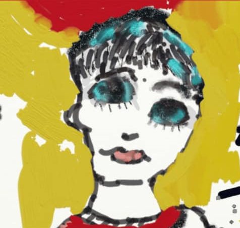 The Drawing Rooms | Thursday 21 March  – Thursday 9 May 2024 | Atypical Gallery | Image: painting / drawing of a head, strong colours, big eyes with black irises and pupils and pale-blue ‘whites’, pink lips, dabs of blue in otherwise black, short hair, black outline to the head and shoulders, except where the background yellow cuts into it; quarter-circular red disk coming down from the top behind the head 