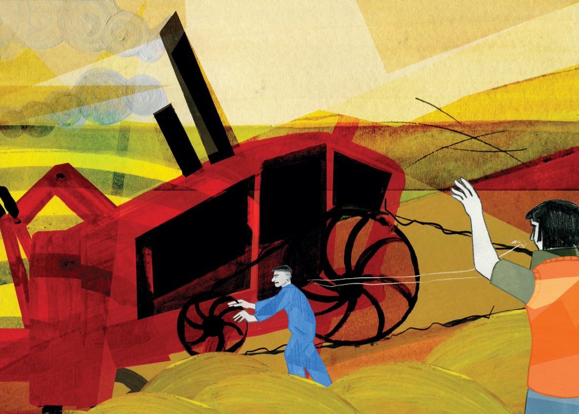 Ann Kiernan: The day I left for the city | Jim McElroy and Ann Kiernan: Hoor | Wednesday 6 March  – Friday 31 May 2024 | Toradh2 Gallery | Image: Ann Kiernan: The day I left for the city | somewhat cartoon style image of a farmer at a thresher in the middle distance, while someone waves towards them from bottom left of the artwork; smoke is coming from two black chimneys on the thresher, which is otherwise red and black shapes, with ancient-looking black wheels of some sort, probably for the threshing, and a scraggly black belt going around them; the fields and sky are dramatic shapes, mostly in shades tinted yellow 