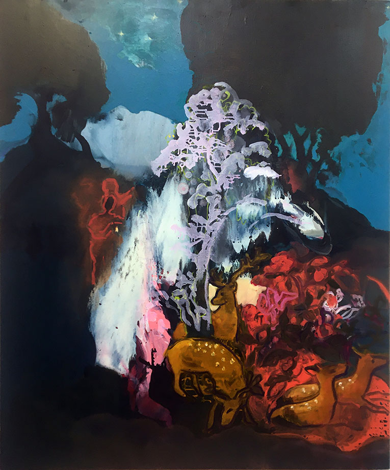 Jonathan Hunter: The Listening Field, oil on canvas, 137 x 115cm | Jonathan Hunter: The Listening Field | Thursday 14 March  – Saturday 13 April 2024 | Hillsboro Fine Art | Image: Jonathan Hunter: The Listening Field, oil on canvas, 137 x 115cm | a sort of idyllic woodland scene, strongly coloured; blue sky with hints of cloud and stars, black silhouettes of trees and a hill against the sky in the background, possible waterfall in white strokes, possible figures outlined in crimson beside it, ghostly tree in the centre of the canvas, a herd of ochre deer towards the foreground 