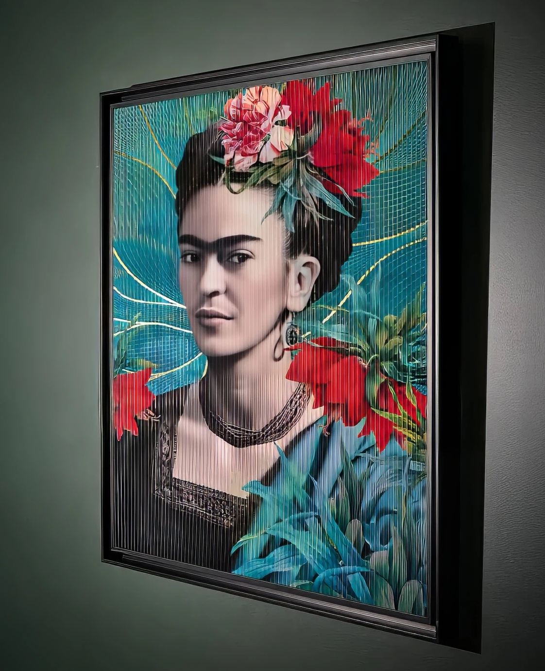 Patrick Rubinstein: An Ode to the Masters | Thursday 21 March  – Monday 8 April 2024 | Gormleys Fine Art, Dublin | Image: photo of a painting of Frida Kahlo by Patrick Rubenstein; the framed painting is viewed from the right, with Kahlo looking at the viewe; strong colours; hint of a vertical grid – and the exhibition text indicates that the painting would be significantly different if viewed from the left