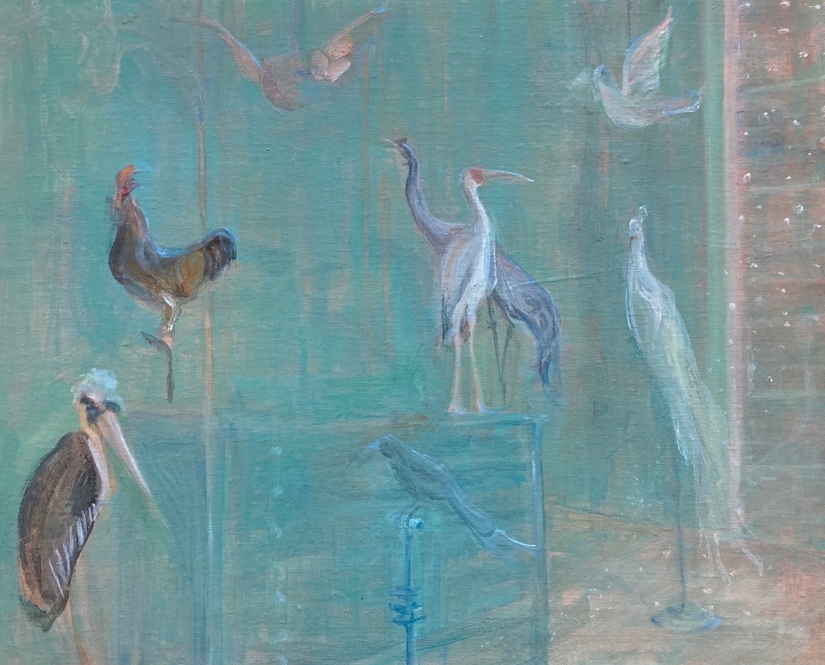 Selma Mäkelä, Conference Room, 2024, oil on linen, image courtesy of the artist. | Selma Mäkelä: When the birds gather, you know there is something you must do | Friday 29 March  – Sunday 28 April 2024 | Royal Hibernian Academy | Image: Selma Mäkelä, Conference Room, 2024, Oil on linen, Image courtesy of the artist | in what may be an enclosed, bare space (though the structure of the space is not very clear; there seems for example to be a sort of glass cube bottom middle), we see many types of bird either on perches or flying; the background is mostly turquoise strokes over muted yellow; the birds are more indicated than depicted in detail, using few strokes; some of the birds are fancy, including one that may be a white peacock 