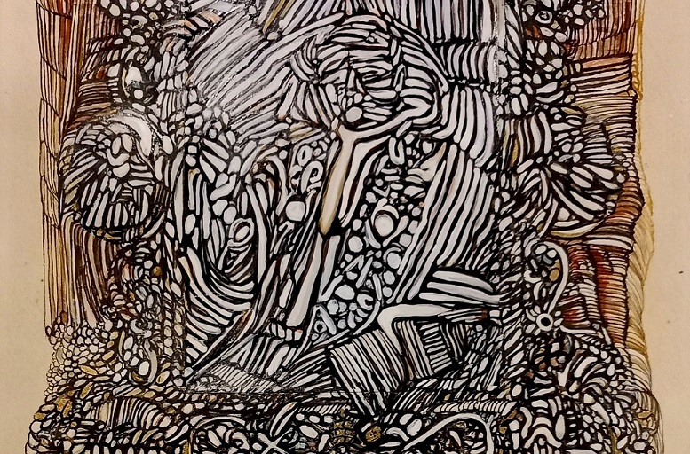 Austin McQuinn: Indulgence (waste treatment centre) (detail), 2024, ink on found print on 22x40cm © | Austin McQuinn: Mountains, Fall on Us | Friday 26 April  – Sunday 9 June 2024 | Limerick City Gallery | Image: Austin McQuinn: Indulgence (waste treatment centre) (detail), 2024, ink on found print on 22x40cm © | hard to describe; painting – probably – in browns, whites and blacks; imagine a plate of different types of pasta – outlines of the pieces, all fitting together, organic, maybe a face here and there 